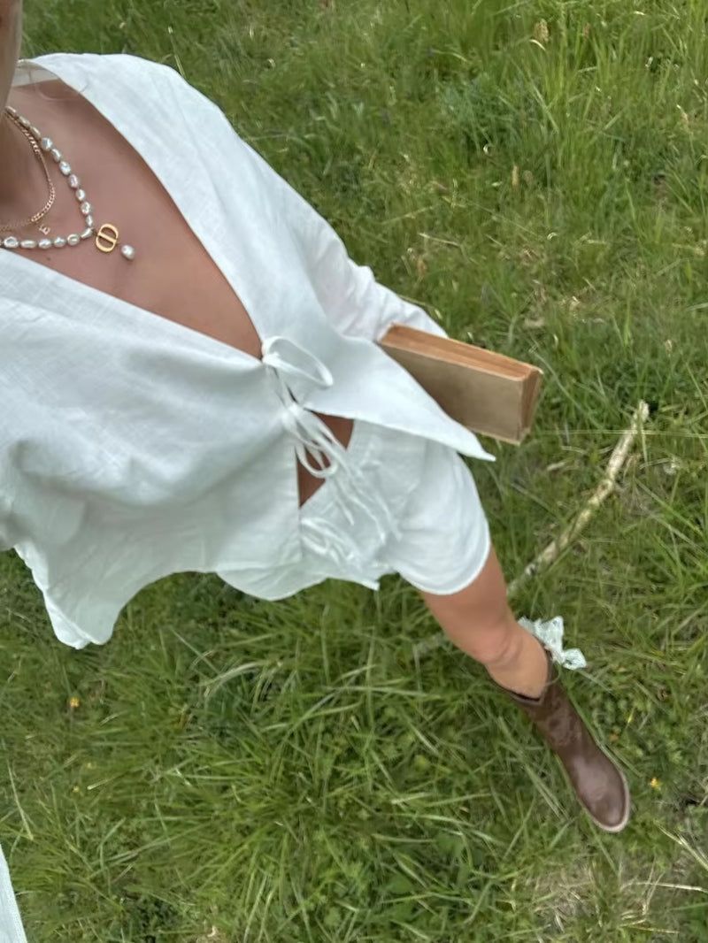 Women Linen Lace up Top